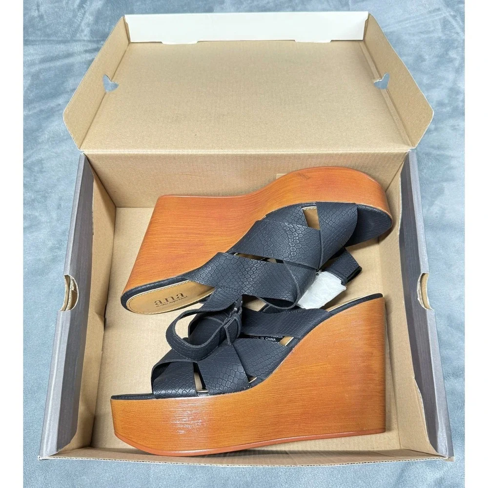 ana Dorian Womens 10 Black Platform Wedge Sandals Crisscross Strap